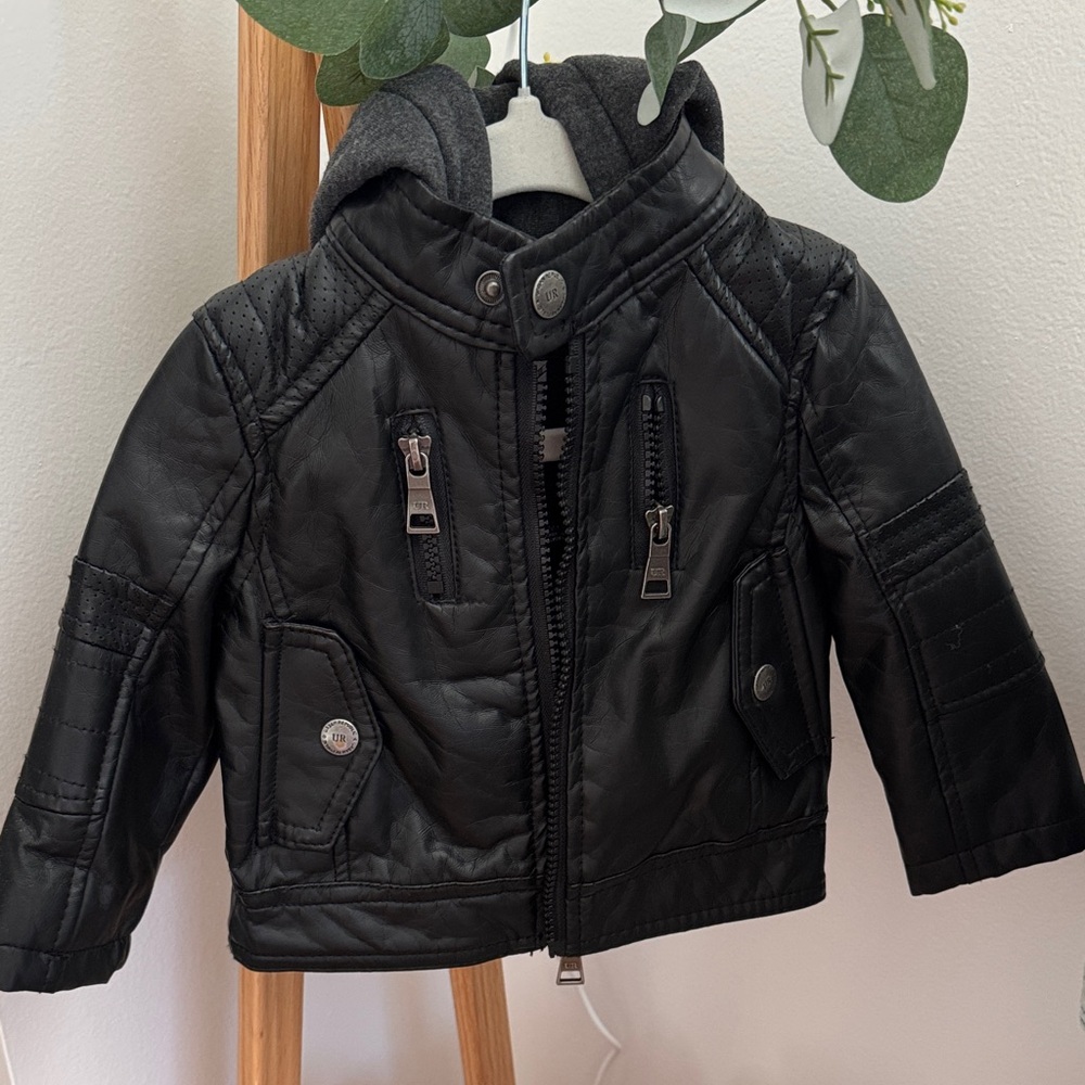 Black Hooded Faux Leather Jacket for Baby